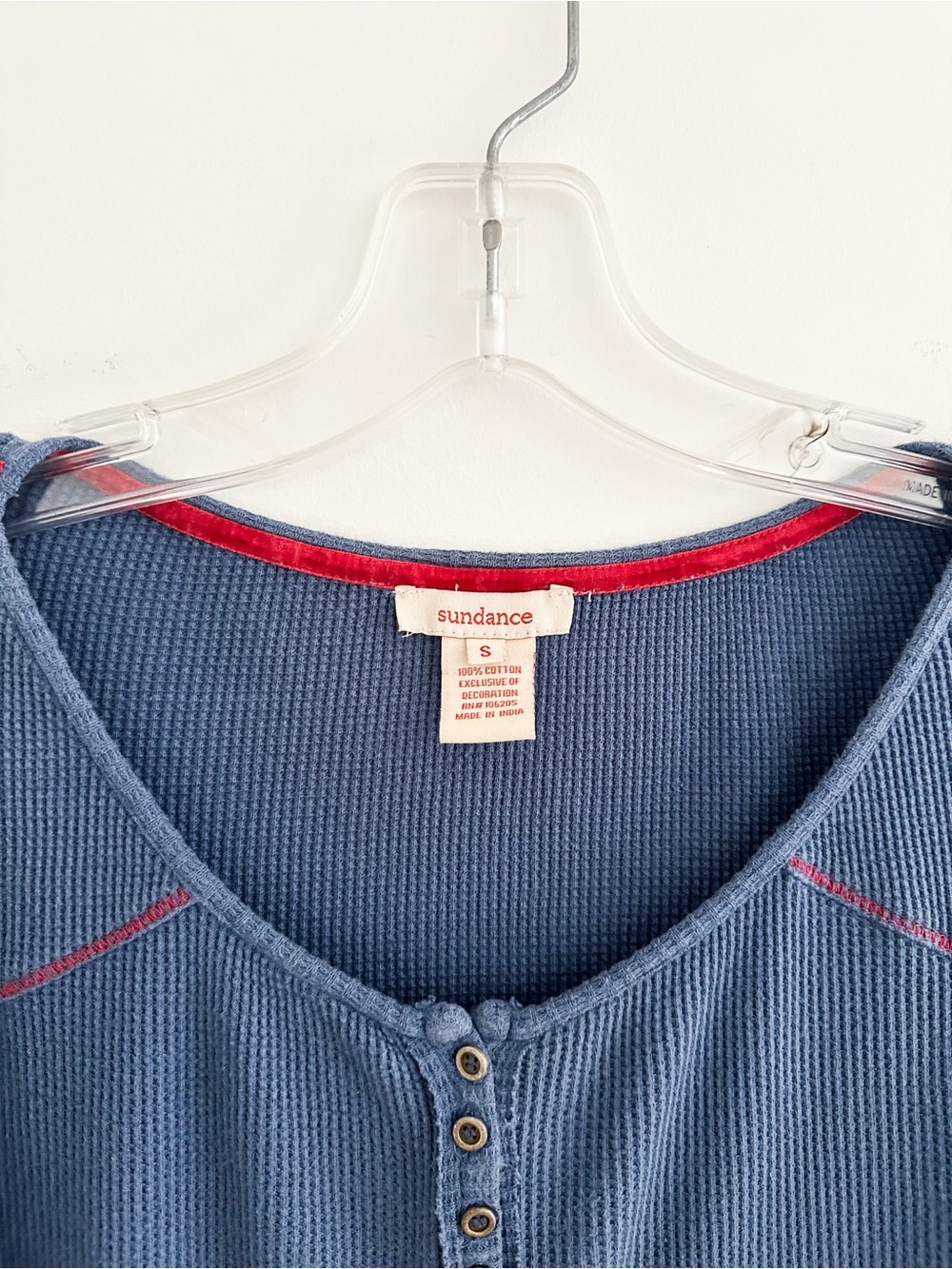 Sundance Caitlin Embroidered Beaded Cuff Henley Top Size Small Blue Waffle Knit - Picture 4 of 7